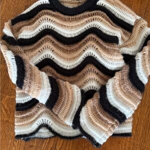 Source Unknown Wave Stripe Knit Sweater - Black, Cream & Tan